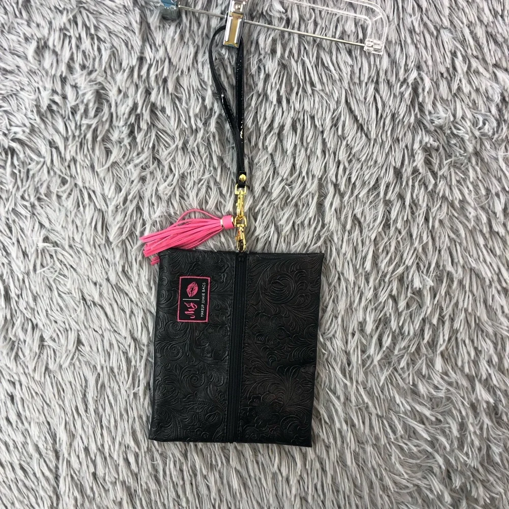 Makeup Junkie Bag Small Black Wristlet Embossed Tooled With Red Interior